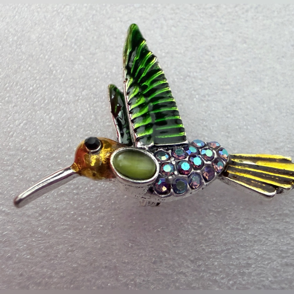 Decorative Green Hummingbird Bird Pendant - Enamel & Crystal Accent